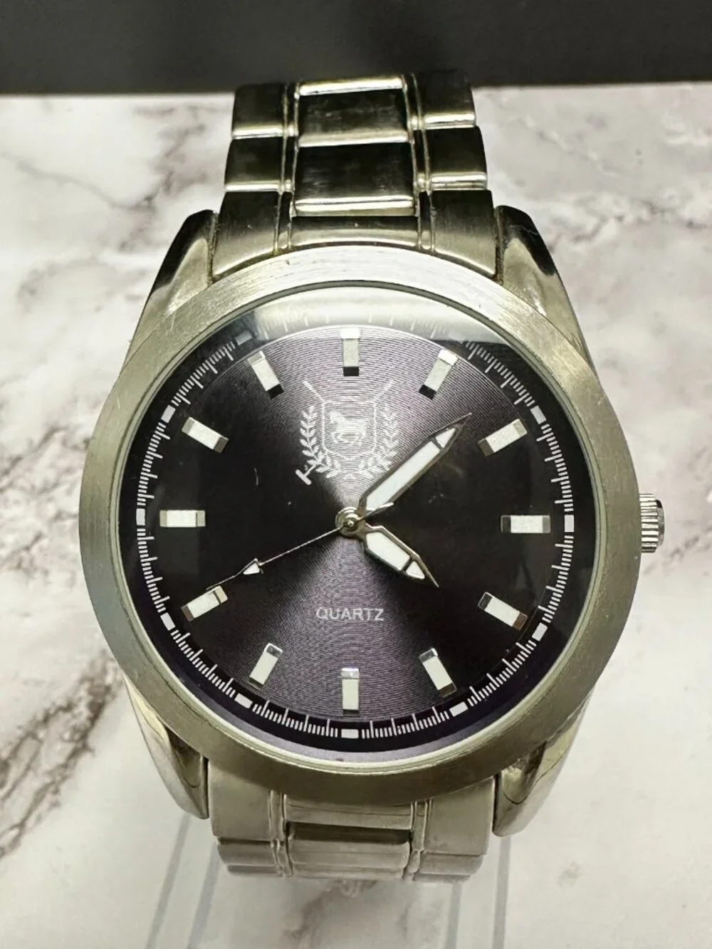 3/$30 Accutime Watch Men Silver Tone Purple Round 42MM Dial New Battery 8.5 Inch